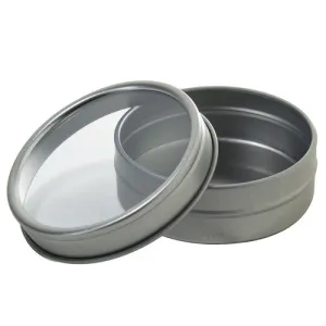 2 oz Silver Metal Tin Containers with Tight Sealed Clear Lids