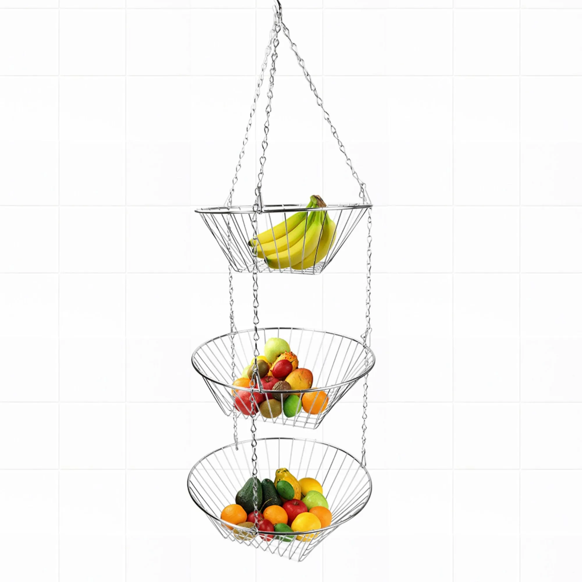 3 Tier Wire Hanging Round Fruit Basket, Chrome