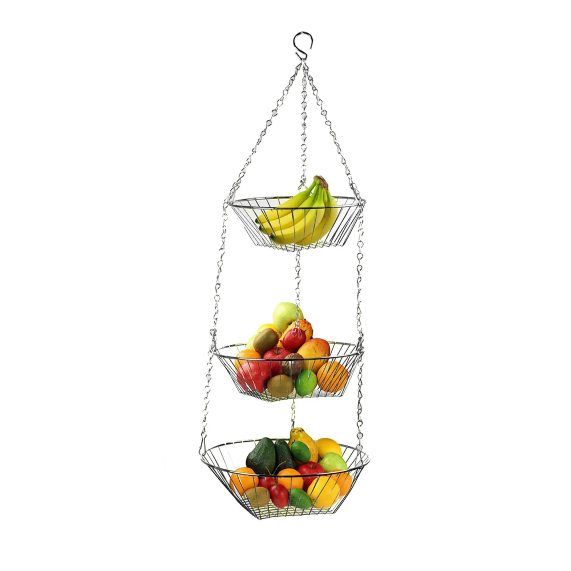 3 Tier Wire Hanging Round Fruit Basket, Chrome