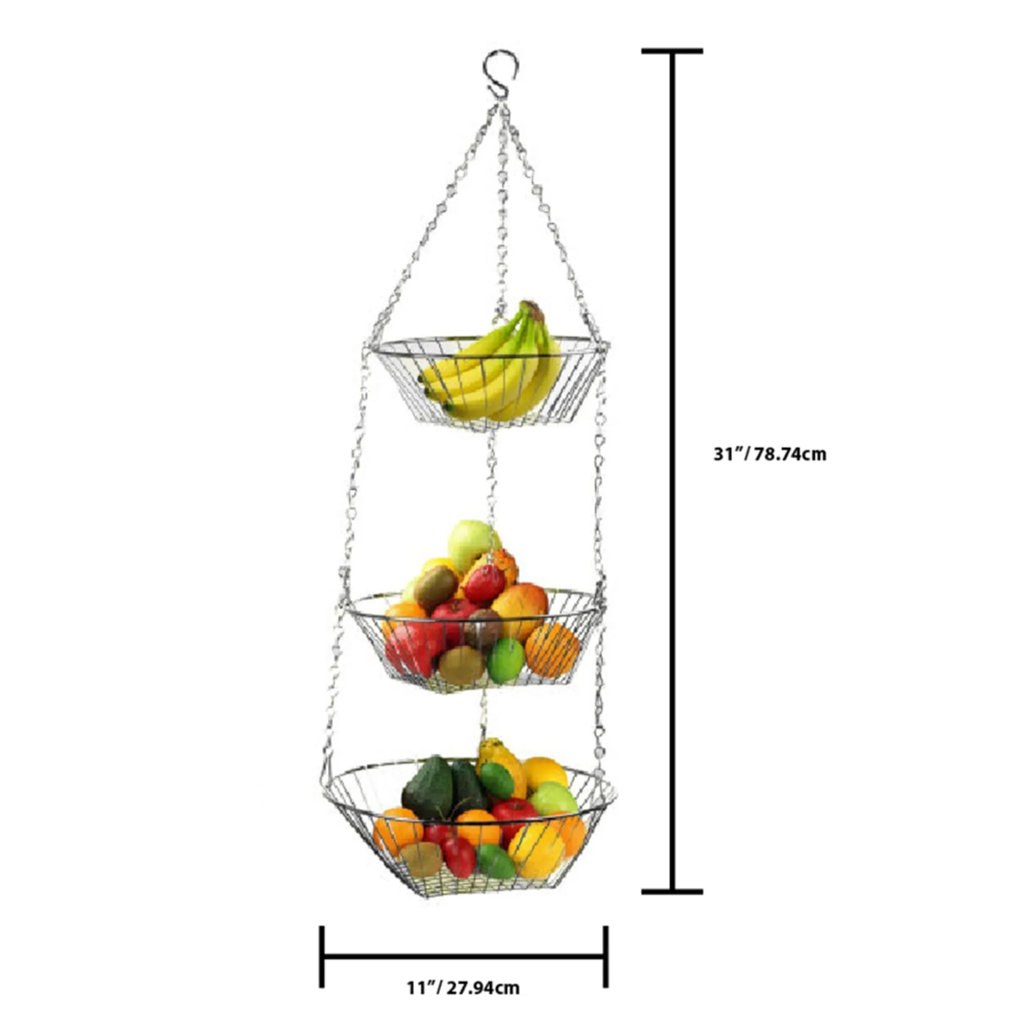 3 Tier Wire Hanging Round Fruit Basket, Chrome