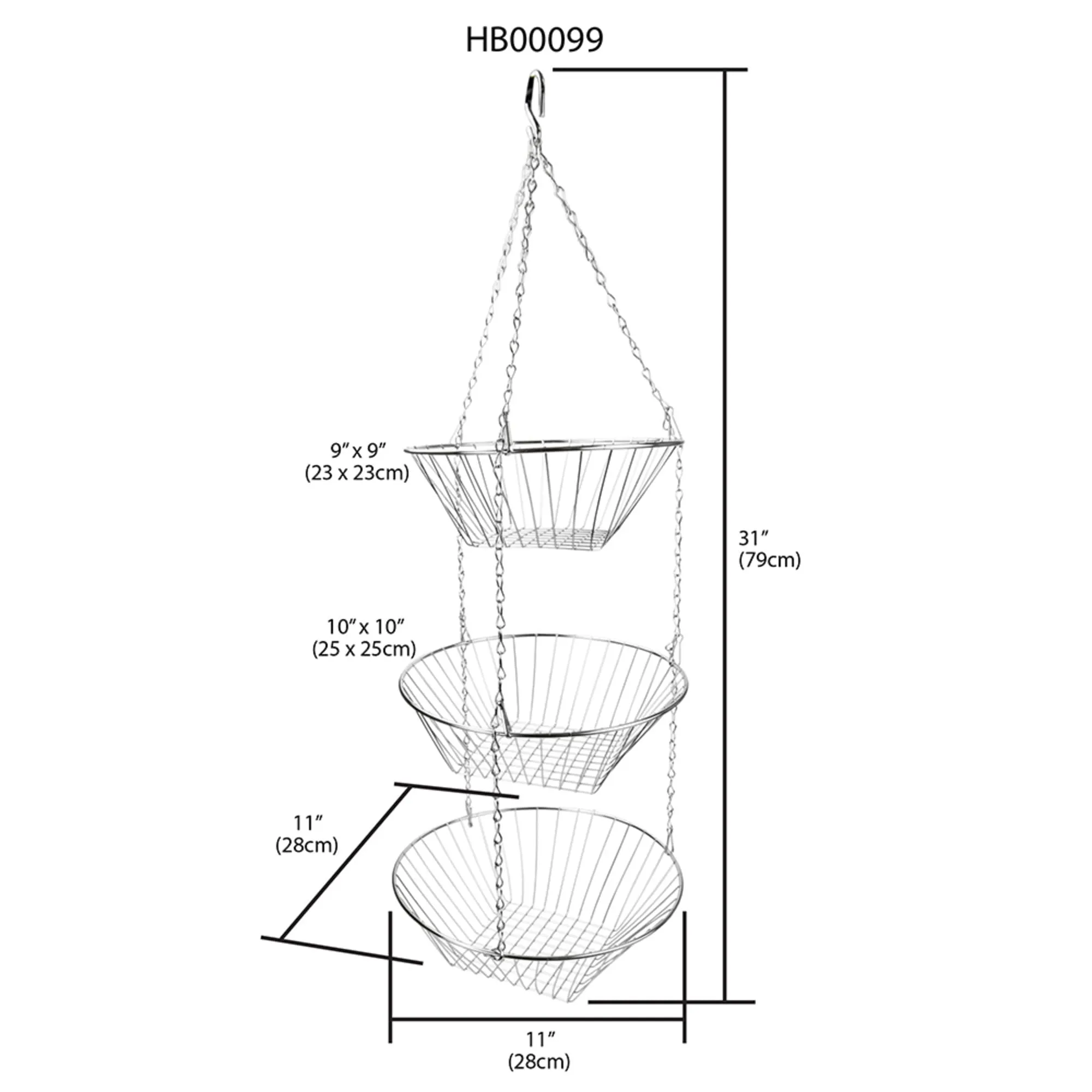 3 Tier Wire Hanging Round Fruit Basket, Chrome