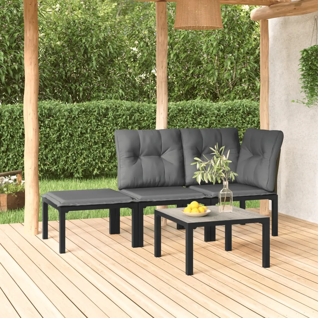 4 Piece Patio Lounge Set Black and Gray Poly Rattan