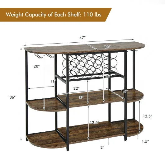 47 Inches Wine Rack Table with Glass Holder and Storage Shelves-Rustic Brown