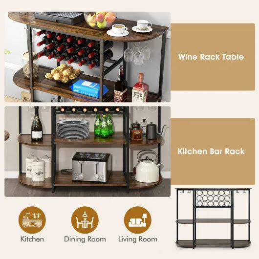 47 Inches Wine Rack Table with Glass Holder and Storage Shelves-Rustic Brown