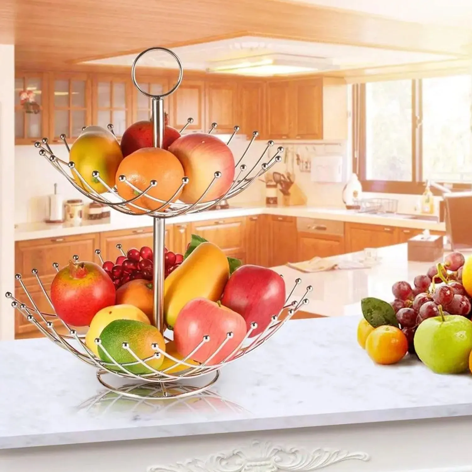 5183 3 Tier Fruit Basket Stainless Steel 60cm For Home Decoration & Kitchen Use