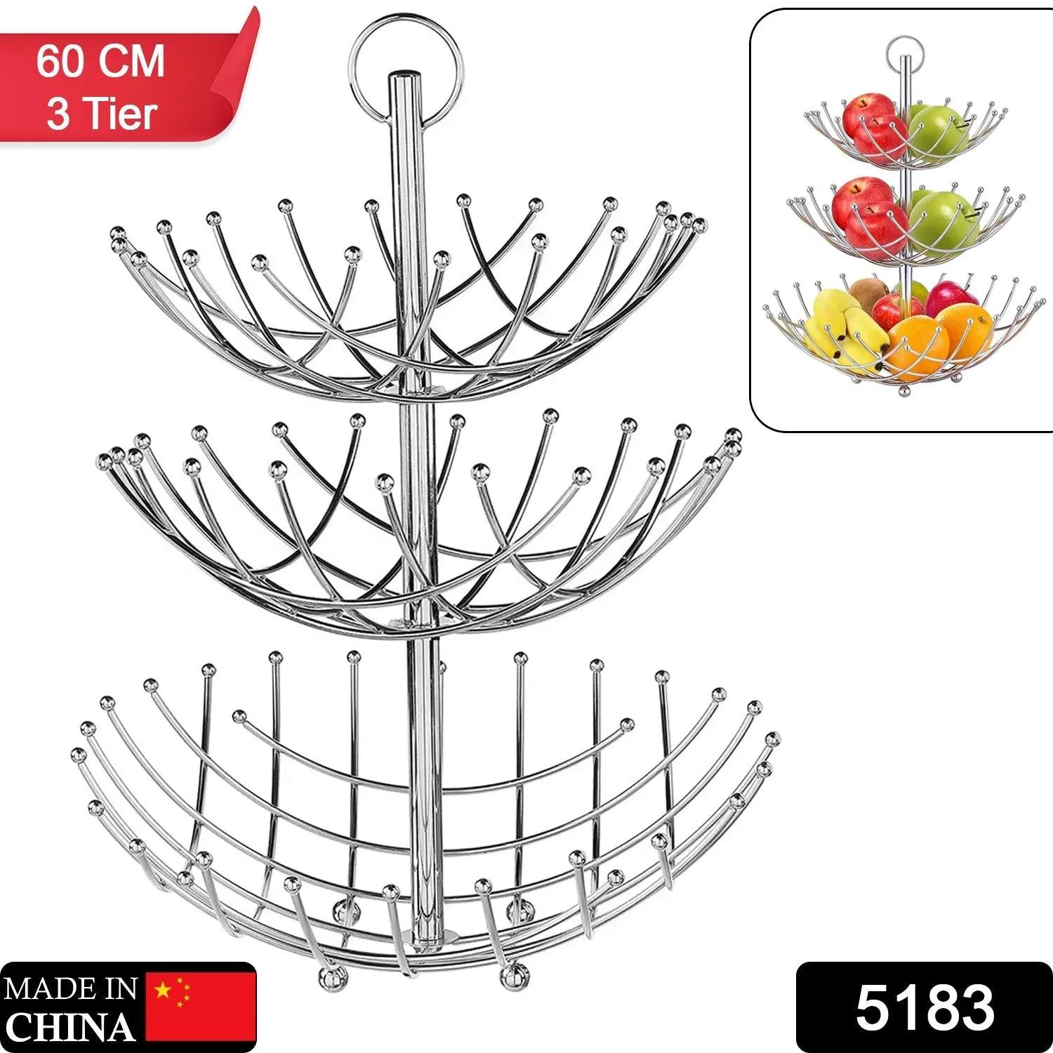 5183 3 Tier Fruit Basket Stainless Steel 60cm For Home Decoration & Kitchen Use