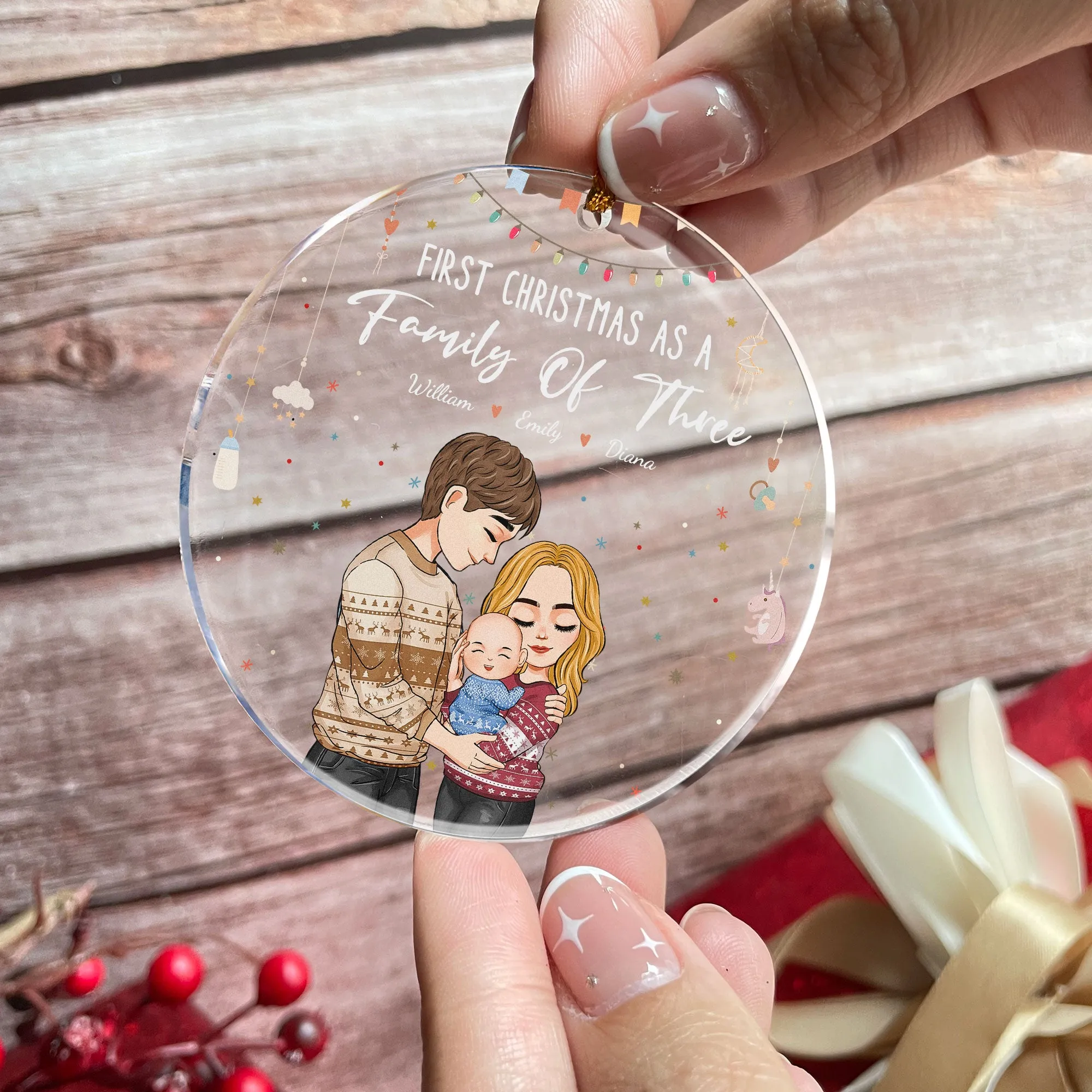 Baby First Christmas As A Family Of Three - Personalized Circle Acrylic Ornament