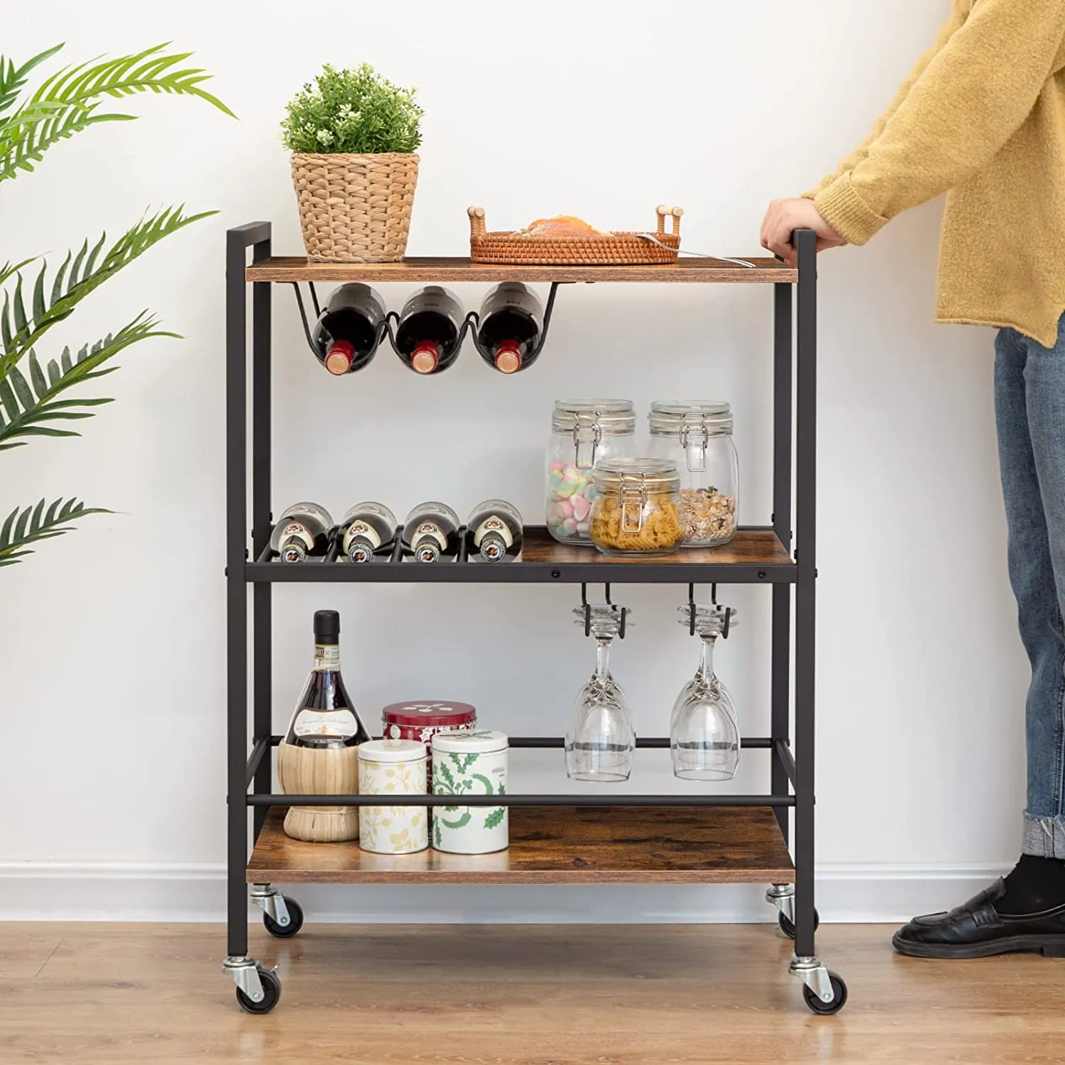 Bar Cart, 3-Tier Serving Cart on Wheels, Kitchen Cart with Wine Rack and Cup Holder