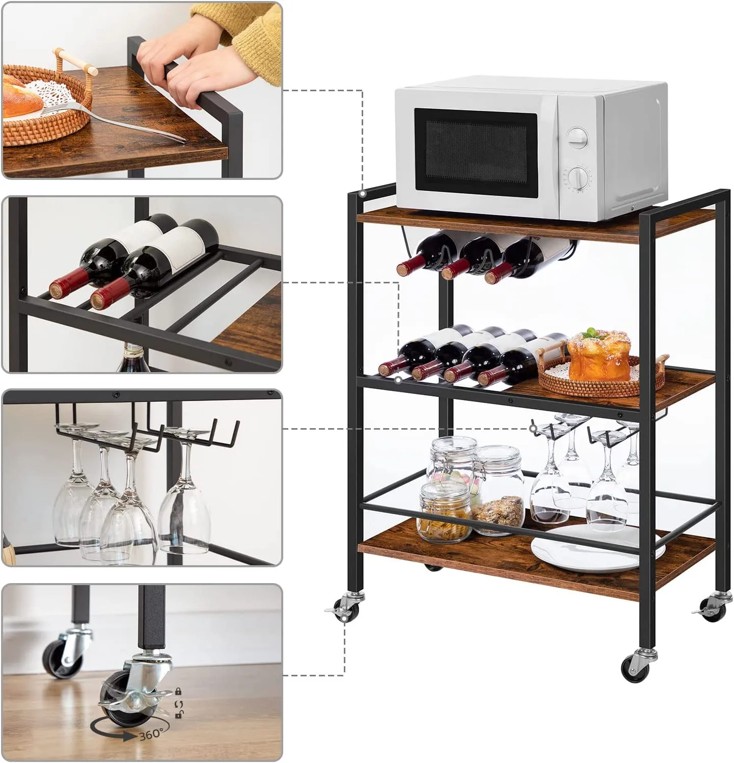 Bar Cart, 3-Tier Serving Cart on Wheels, Kitchen Cart with Wine Rack and Cup Holder