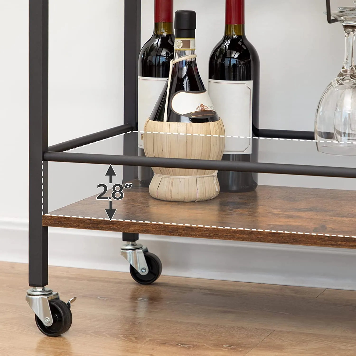 Bar Cart, 3-Tier Serving Cart on Wheels, Kitchen Cart with Wine Rack and Cup Holder