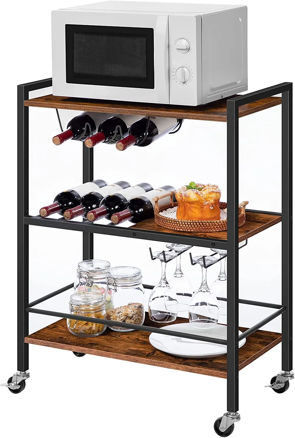 Bar Cart, 3-Tier Serving Cart on Wheels, Kitchen Cart with Wine Rack and Cup Holder