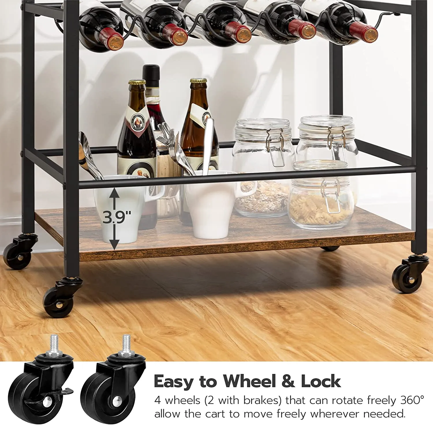 Bar Cart, Serving Cart with 2-Tier Wine Racks and Glass Holder, Wine Cart on Wheels