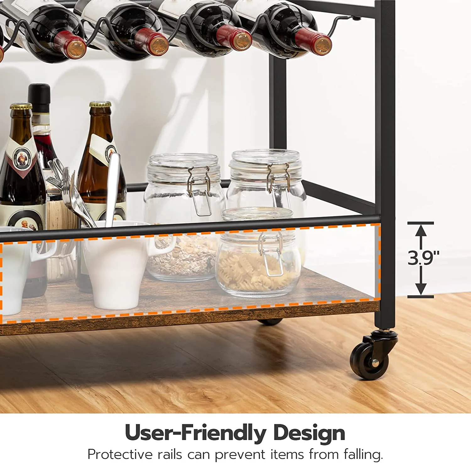 Bar Cart, Serving Cart with 2-Tier Wine Racks and Glass Holder, Wine Cart on Wheels