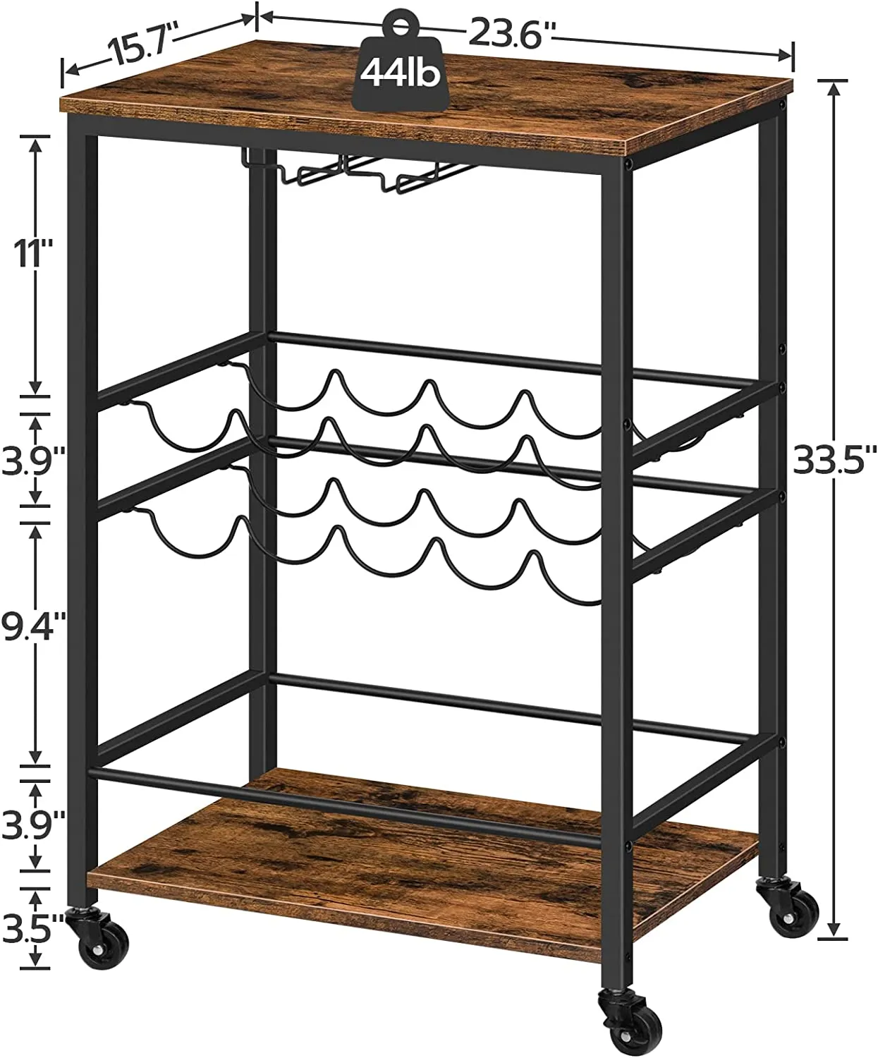 Bar Cart, Serving Cart with 2-Tier Wine Racks and Glass Holder, Wine Cart on Wheels