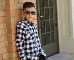 Black & White Plaid Checkered Long Sleeve Rockabilly Boy’s Shirt - Select Size