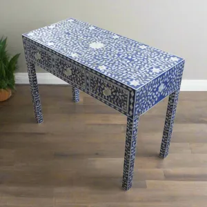 Blue Mother Of Pearl Inlay Floral 3 Drawer Console Table