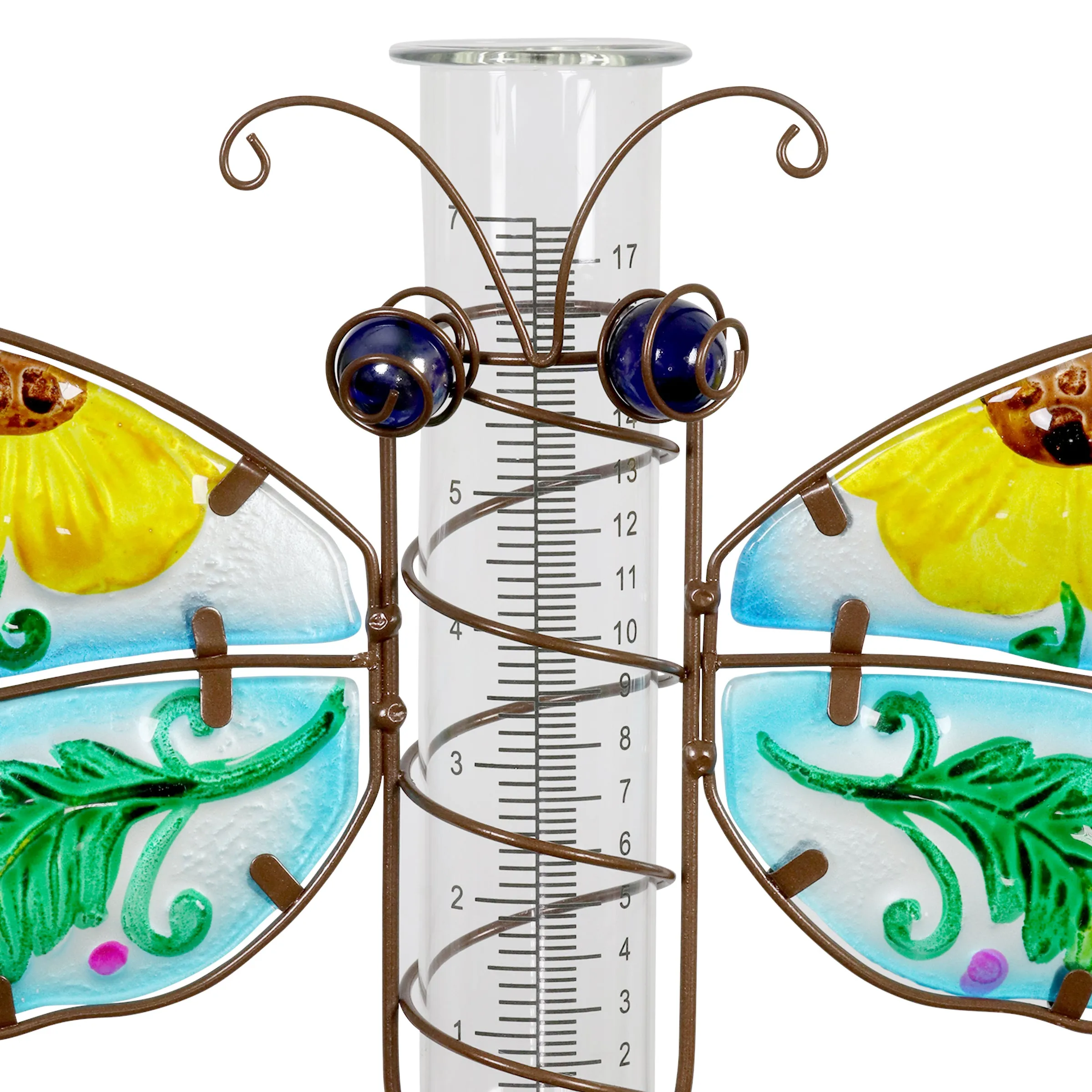 Butterfly Rain Gauge Garden Stake Hand Painted in Blue, Made of Glass and Metal, 36 Inches