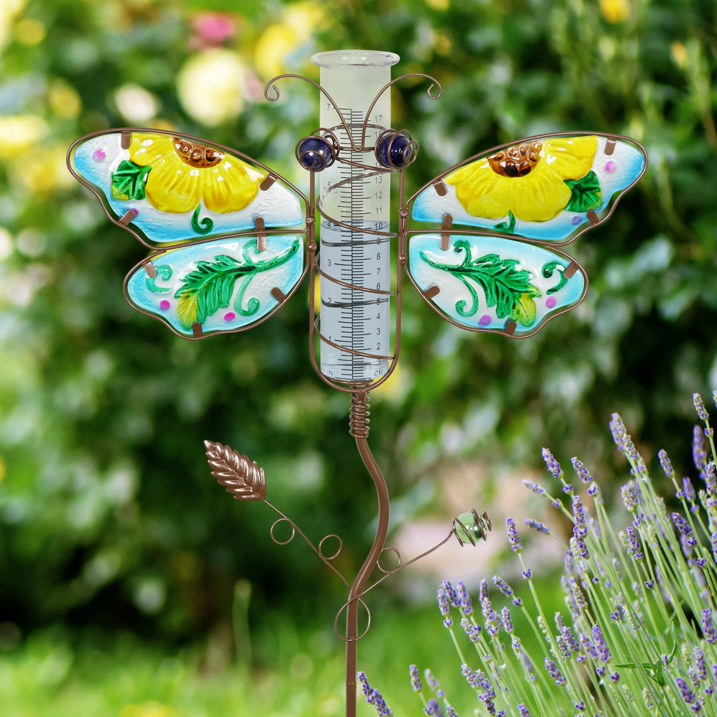 Butterfly Rain Gauge Garden Stake Hand Painted in Blue, Made of Glass and Metal, 36 Inches