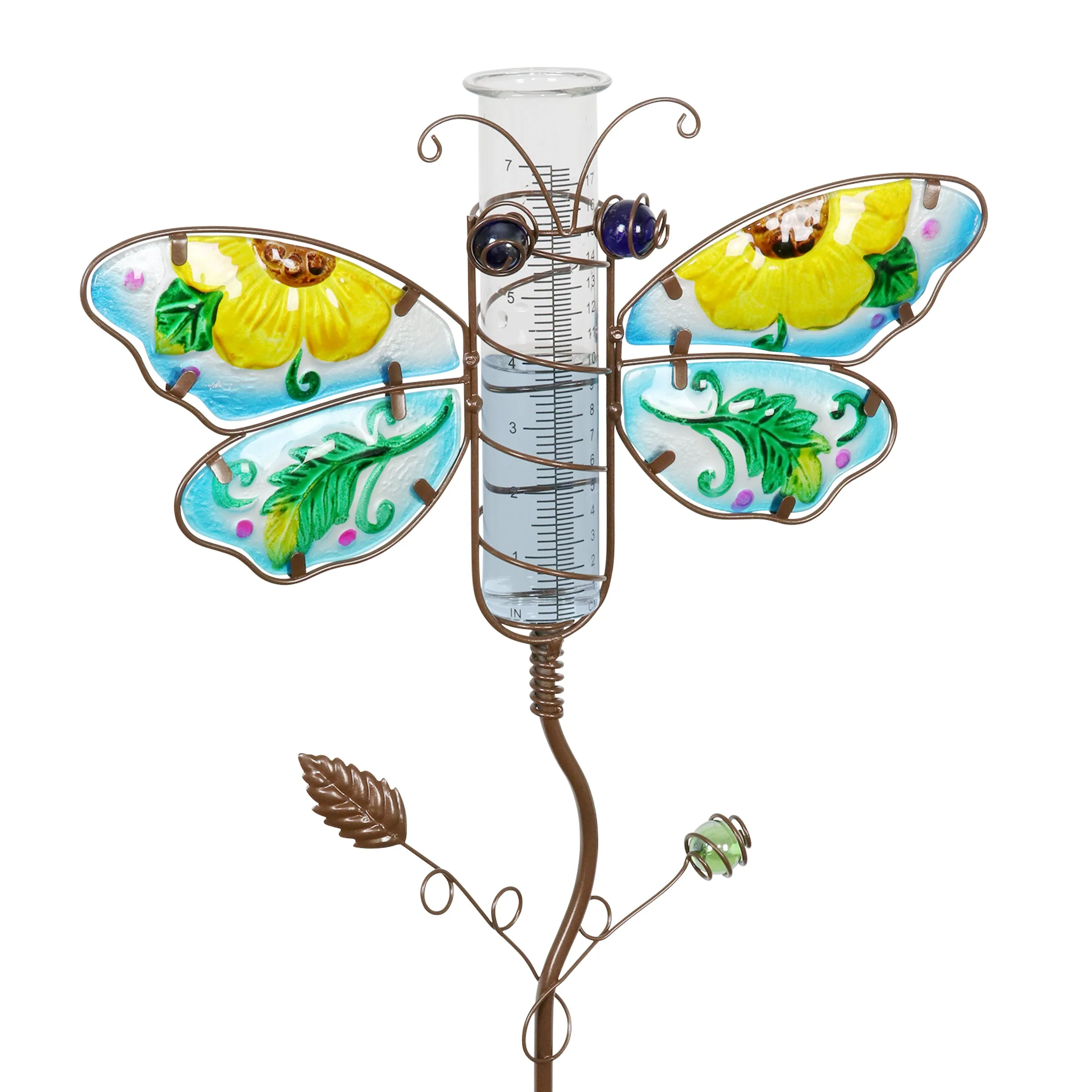 Butterfly Rain Gauge Garden Stake Hand Painted in Blue, Made of Glass and Metal, 36 Inches