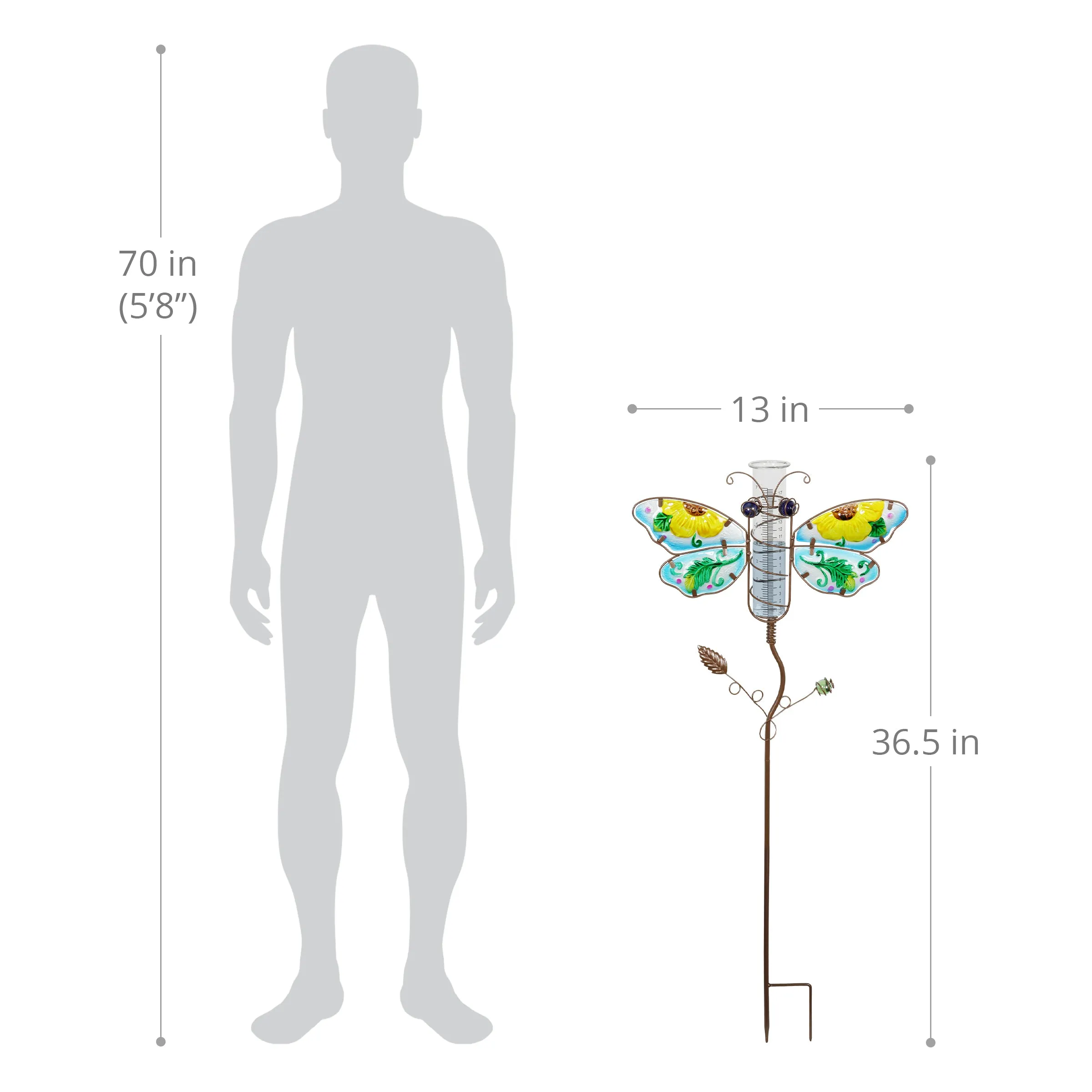 Butterfly Rain Gauge Garden Stake Hand Painted in Blue, Made of Glass and Metal, 36 Inches