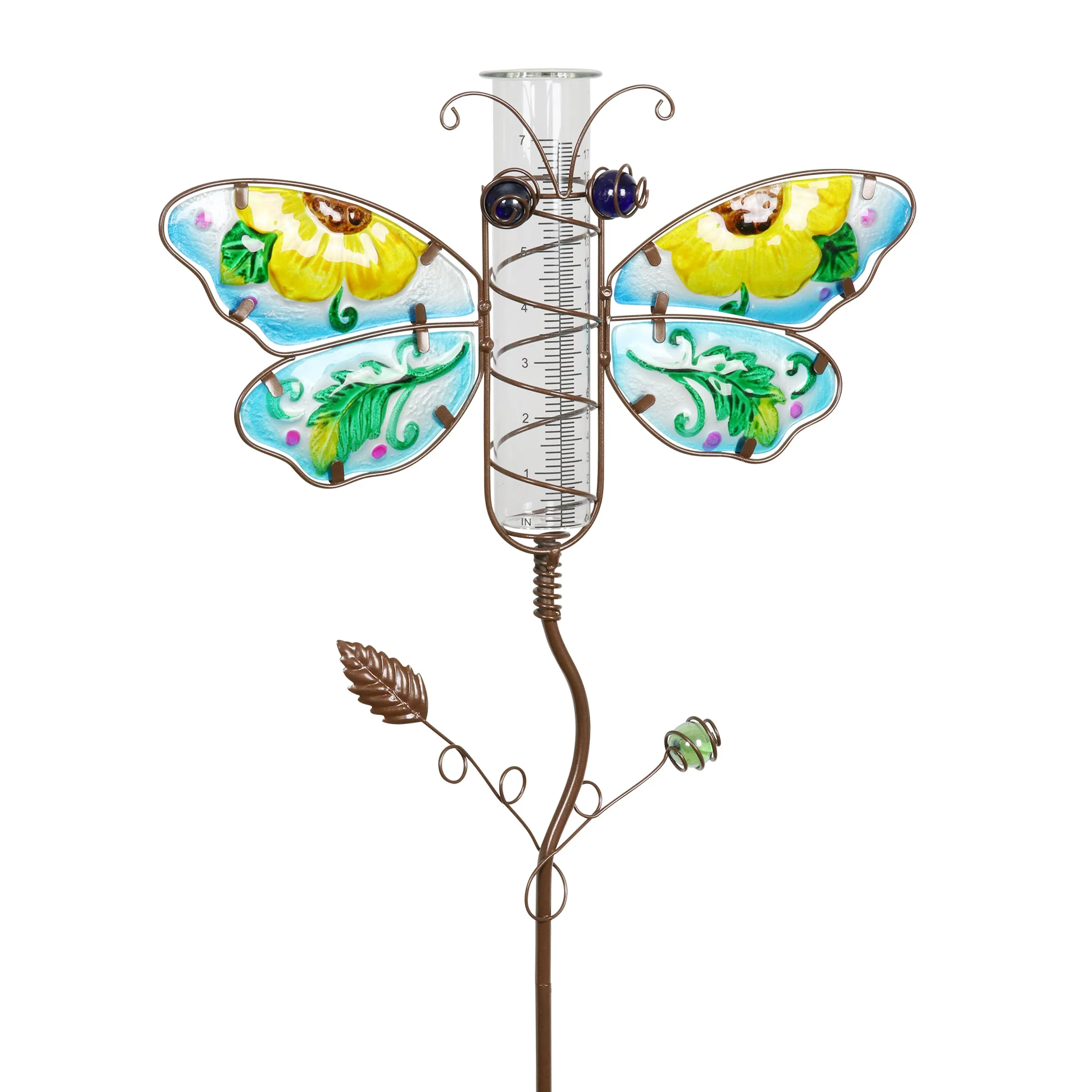 Butterfly Rain Gauge Garden Stake Hand Painted in Blue, Made of Glass and Metal, 36 Inches