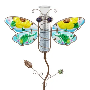 Butterfly Rain Gauge Garden Stake Hand Painted in Blue, Made of Glass and Metal, 36 Inches