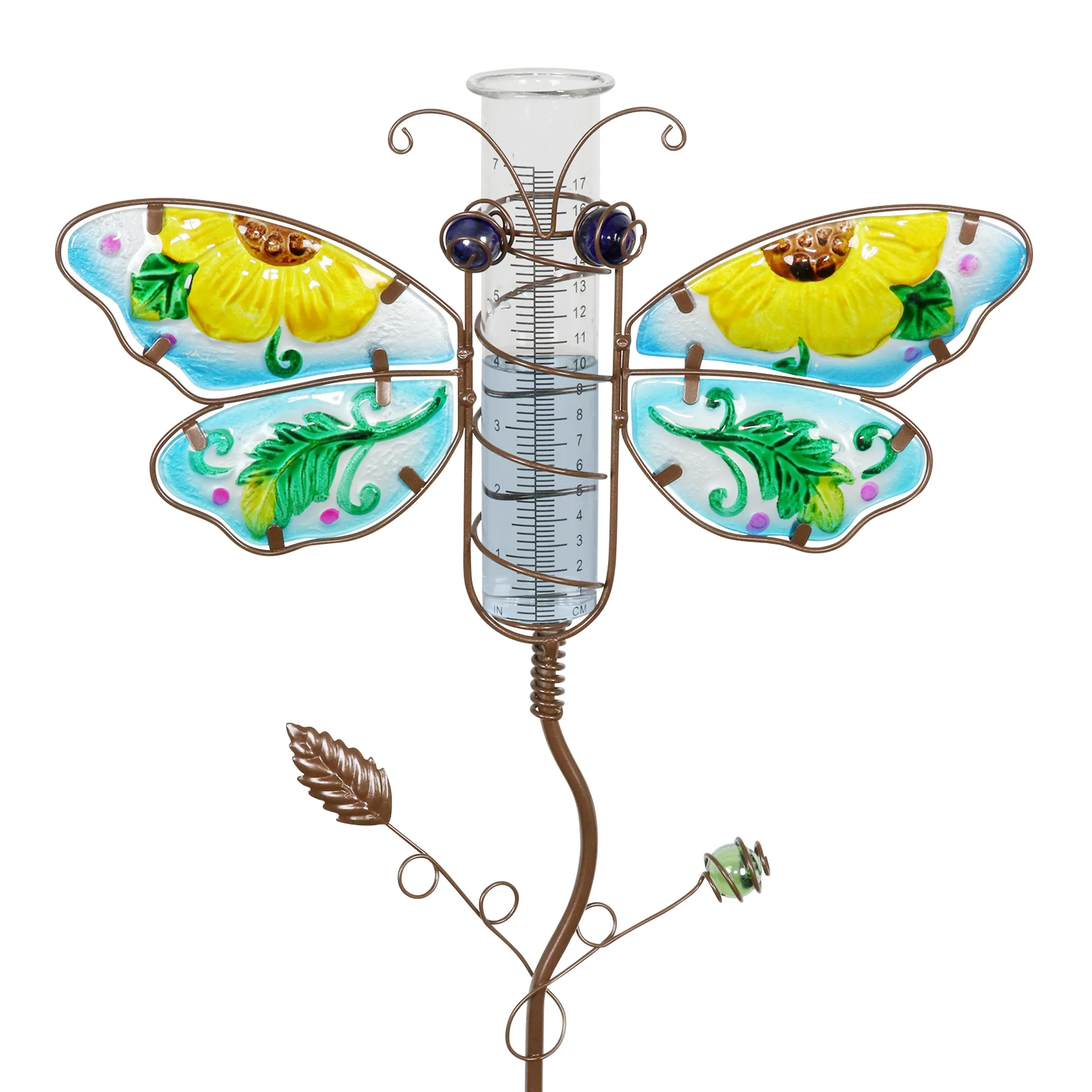 Butterfly Rain Gauge Garden Stake Hand Painted in Blue, Made of Glass and Metal, 36 Inches