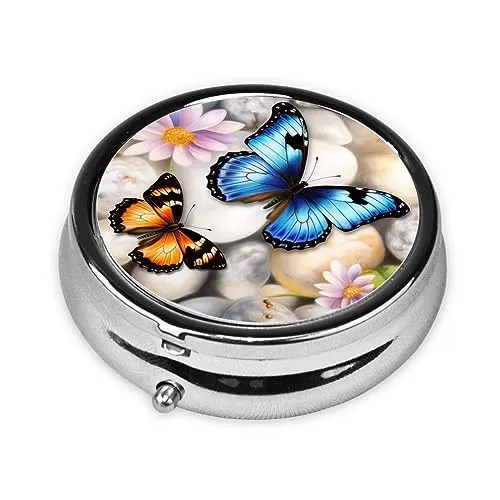 Butterfly Stone Embroidery Paintings(1) Print Round Pill Box 3 Compartment Medicine Pill Case Portable Pill Container for Daily Medicine Supplement Vitamin