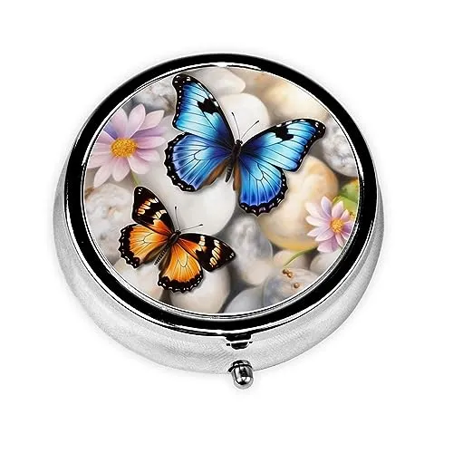 Butterfly Stone Embroidery Paintings(1) Print Round Pill Box 3 Compartment Medicine Pill Case Portable Pill Container for Daily Medicine Supplement Vitamin