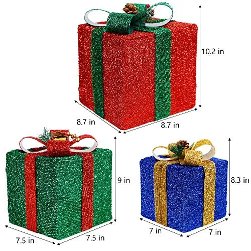 Christmas Lighted Pop Up Gift Boxes Decorations, Tinsel Present Box, Pre-lit 60 LED Light Up Tree Skirt Ornament, Indoor Outdoor Red Green & Blue for Holiday Party Xmas Home Yard - 3 Pack