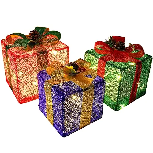 Christmas Lighted Pop Up Gift Boxes Decorations, Tinsel Present Box, Pre-lit 60 LED Light Up Tree Skirt Ornament, Indoor Outdoor Red Green & Blue for Holiday Party Xmas Home Yard - 3 Pack