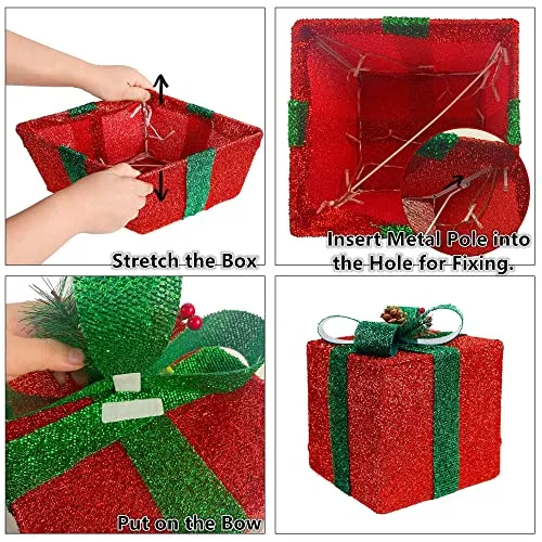 Christmas Lighted Pop Up Gift Boxes Decorations, Tinsel Present Box, Pre-lit 60 LED Light Up Tree Skirt Ornament, Indoor Outdoor Red Green & Blue for Holiday Party Xmas Home Yard - 3 Pack