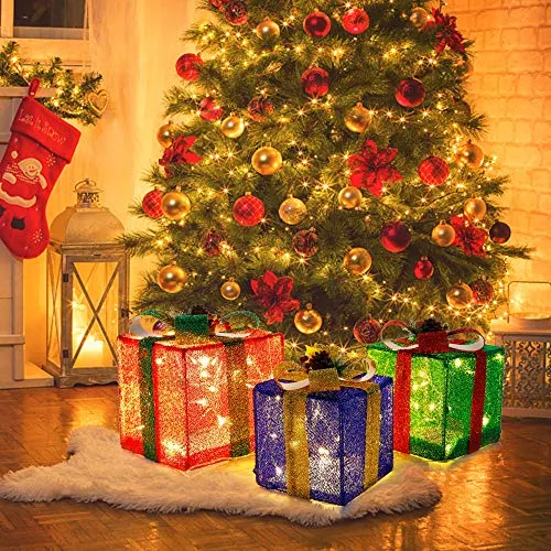 Christmas Lighted Pop Up Gift Boxes Decorations, Tinsel Present Box, Pre-lit 60 LED Light Up Tree Skirt Ornament, Indoor Outdoor Red Green & Blue for Holiday Party Xmas Home Yard - 3 Pack