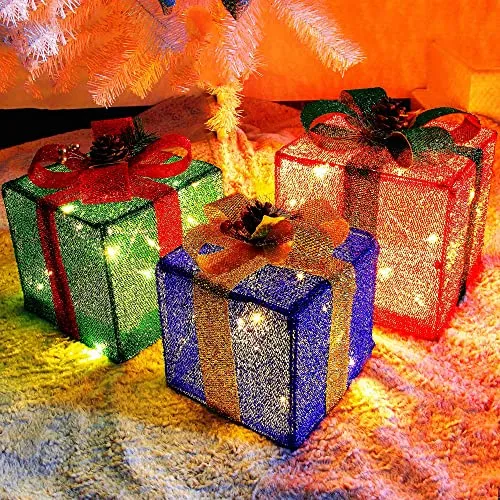 Christmas Lighted Pop Up Gift Boxes Decorations, Tinsel Present Box, Pre-lit 60 LED Light Up Tree Skirt Ornament, Indoor Outdoor Red Green & Blue for Holiday Party Xmas Home Yard - 3 Pack