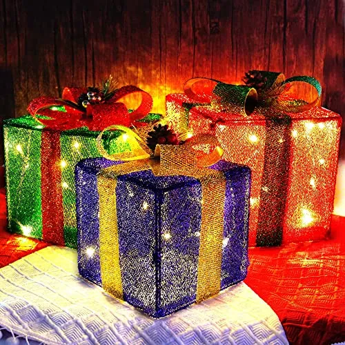 Christmas Lighted Pop Up Gift Boxes Decorations, Tinsel Present Box, Pre-lit 60 LED Light Up Tree Skirt Ornament, Indoor Outdoor Red Green & Blue for Holiday Party Xmas Home Yard - 3 Pack