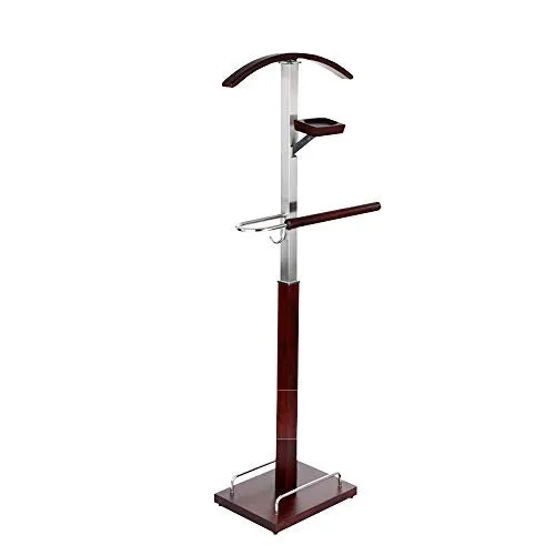 Chunlan Coat Racks Floor Suit Hanger, Stainless Steel Metal Valet Bracket, with Hanging Rails, Wooden Accessory Tray