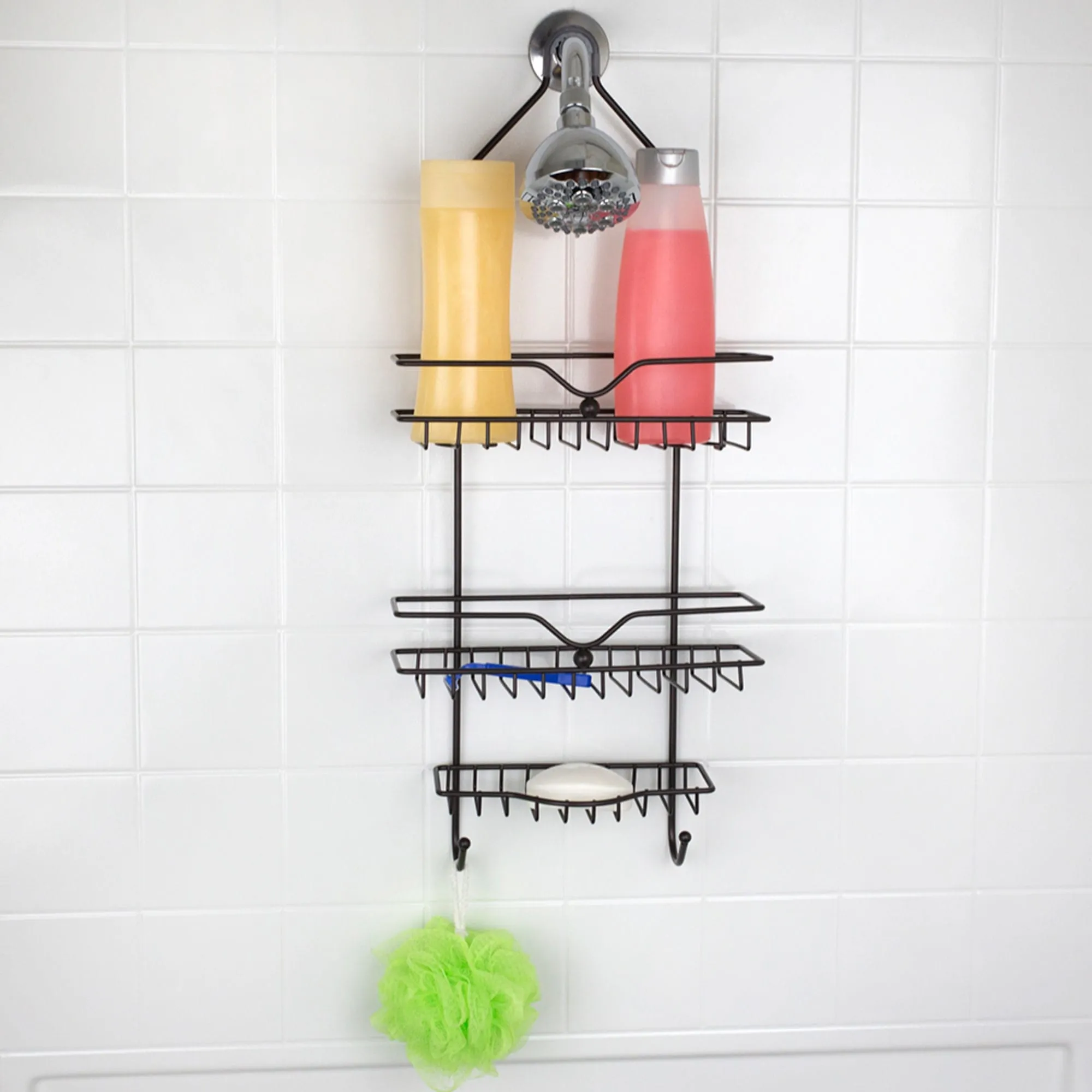 Classic 2 Shelf Shower Caddy with Bottom Hooks and Center Soap Dish Tray, Bronze