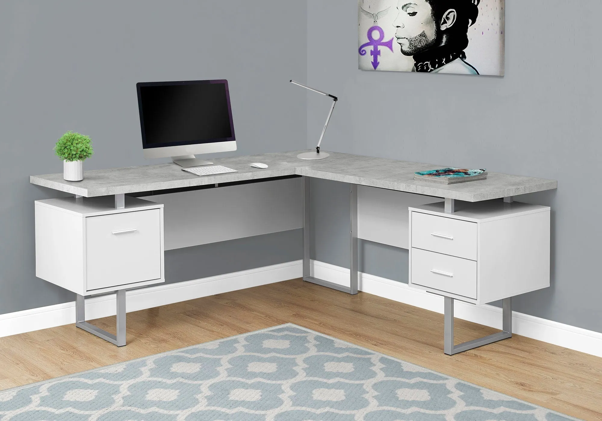 Computer Desk - 70"L White / Cement-Look Left/Right Face