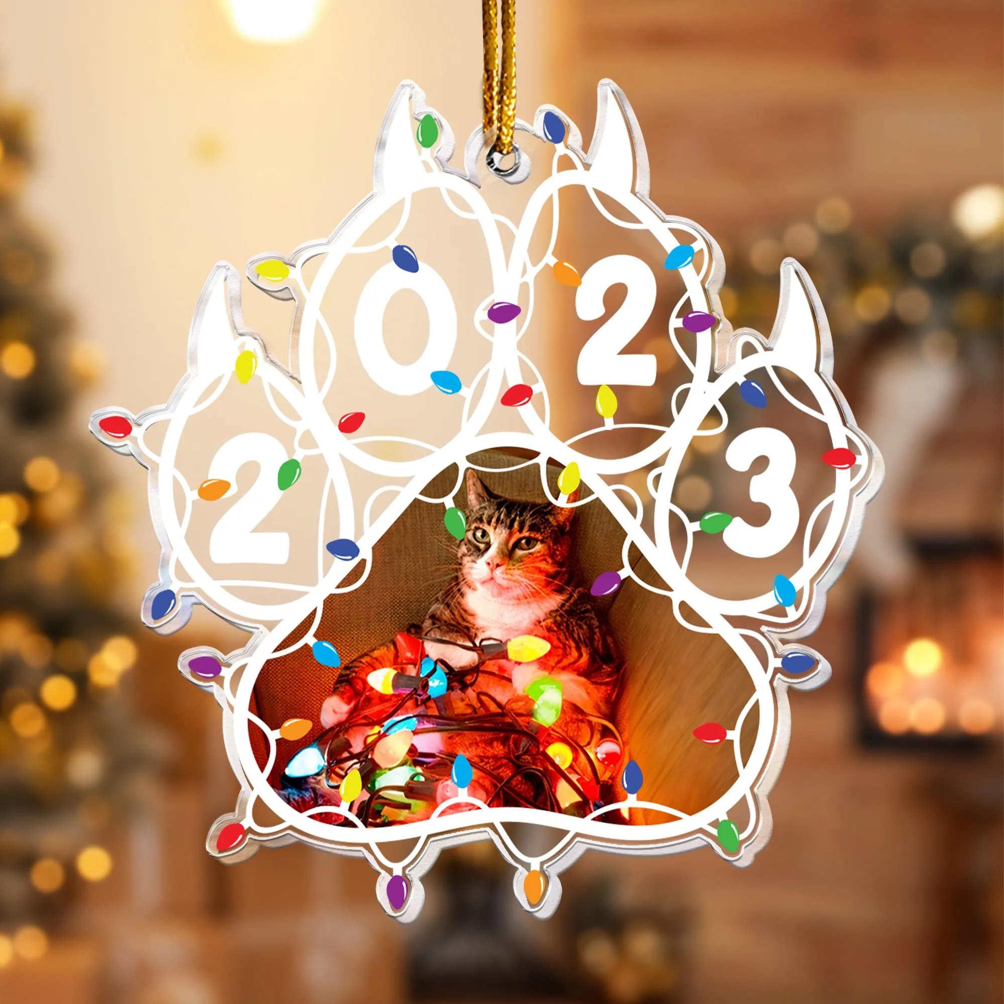 Custom Photo Funny Pet Pawprints Christmas Led Light - Personalized Acrylic Photo Ornament