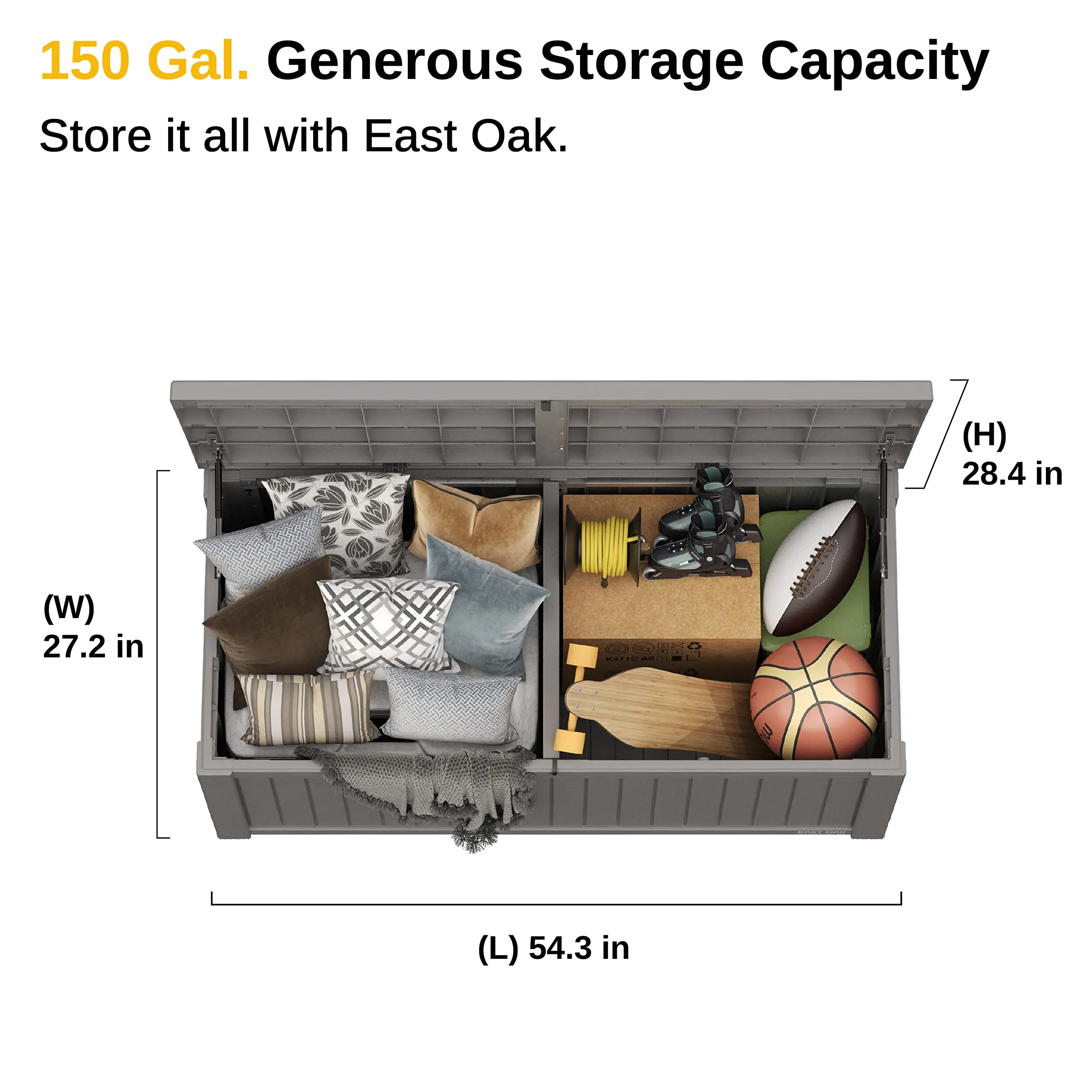 EAST OAK 150 Gallon Outdoor Storage Box: Resin, Lockable, Grey