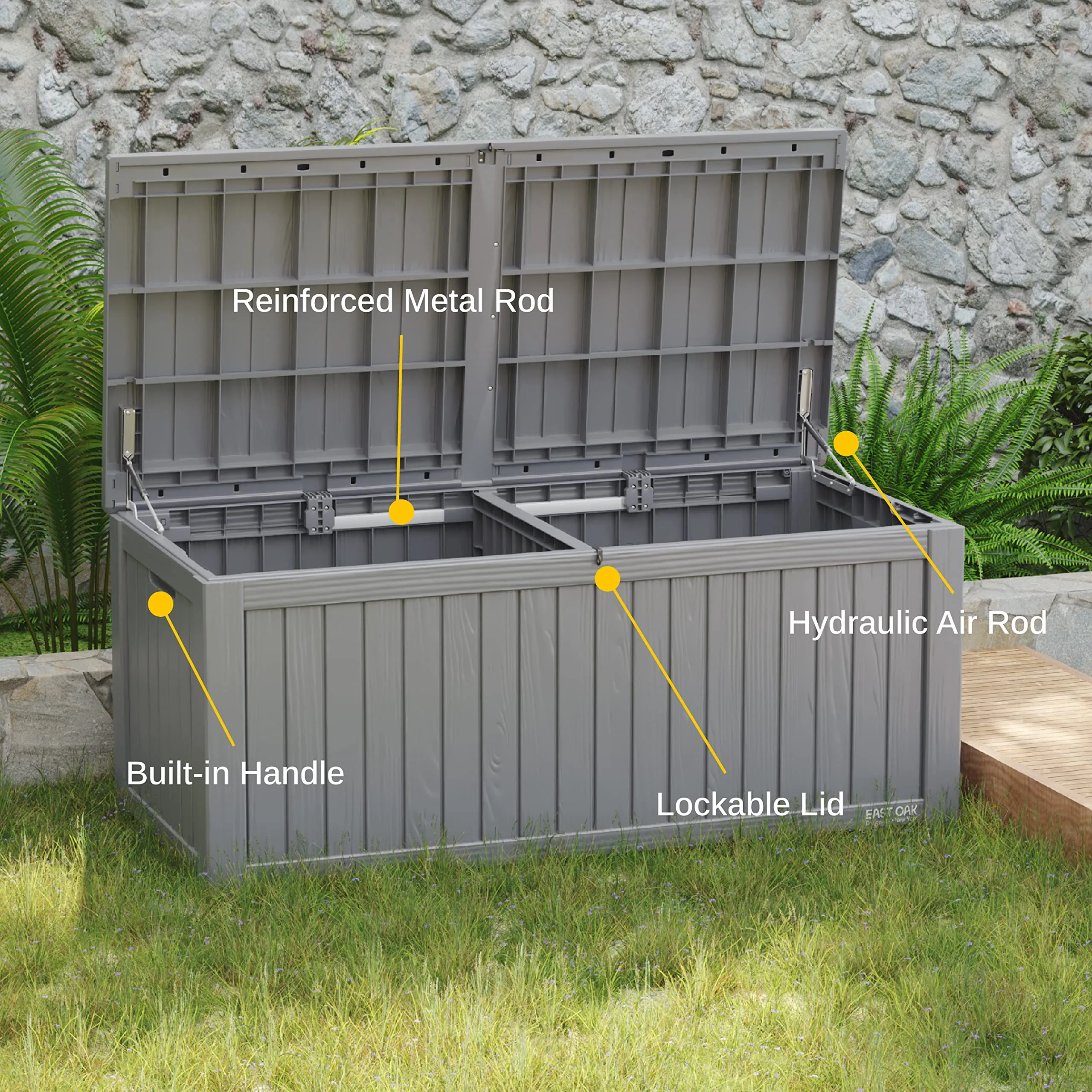 EAST OAK 150 Gallon Outdoor Storage Box: Resin, Lockable, Grey