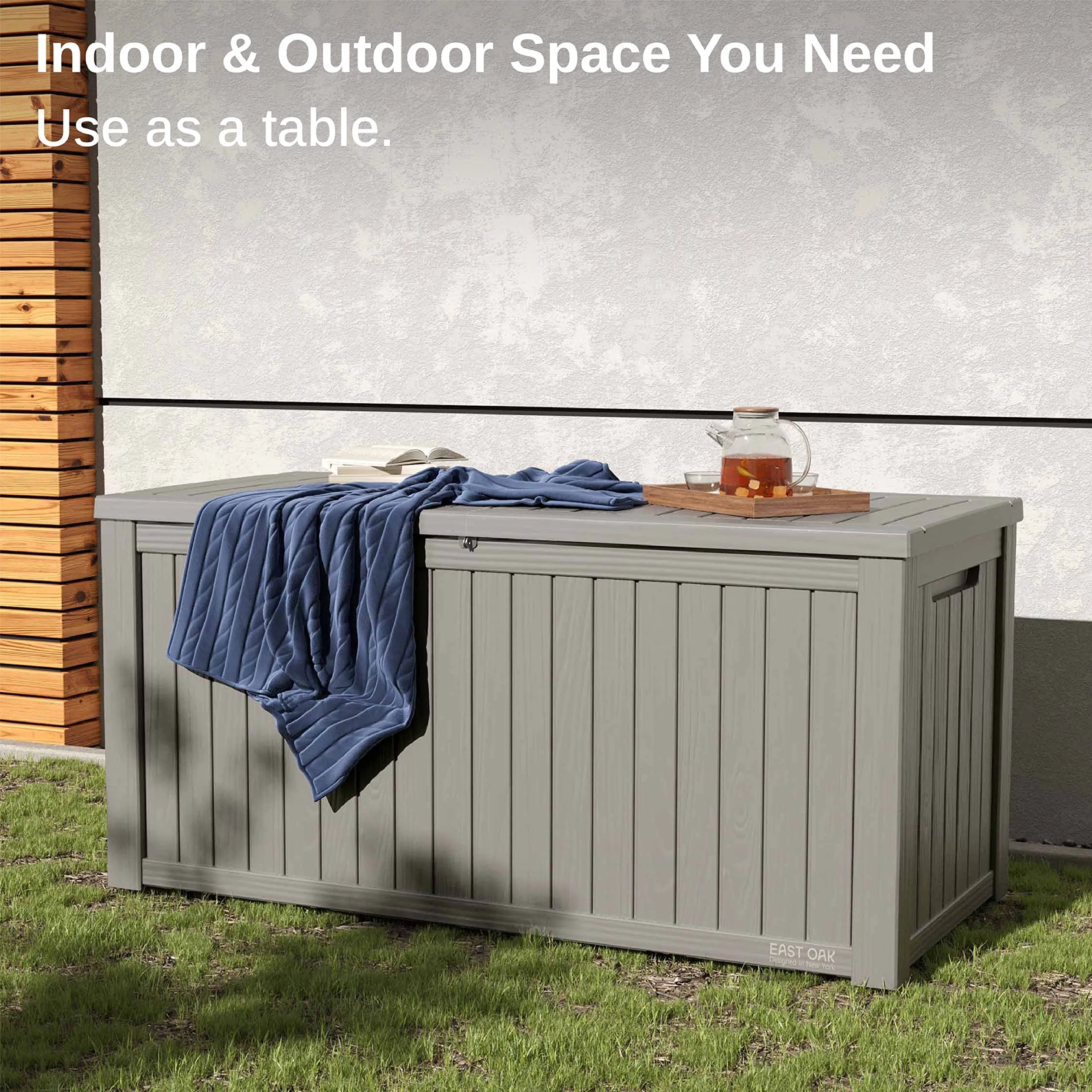 EAST OAK 180 Gallon Outdoor Storage Box: Resin, Lockable, Grey