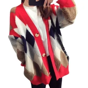 Fluffy Diamond Pattern Casual Women's Cardigan: Bold geometric prints with a tufted texture