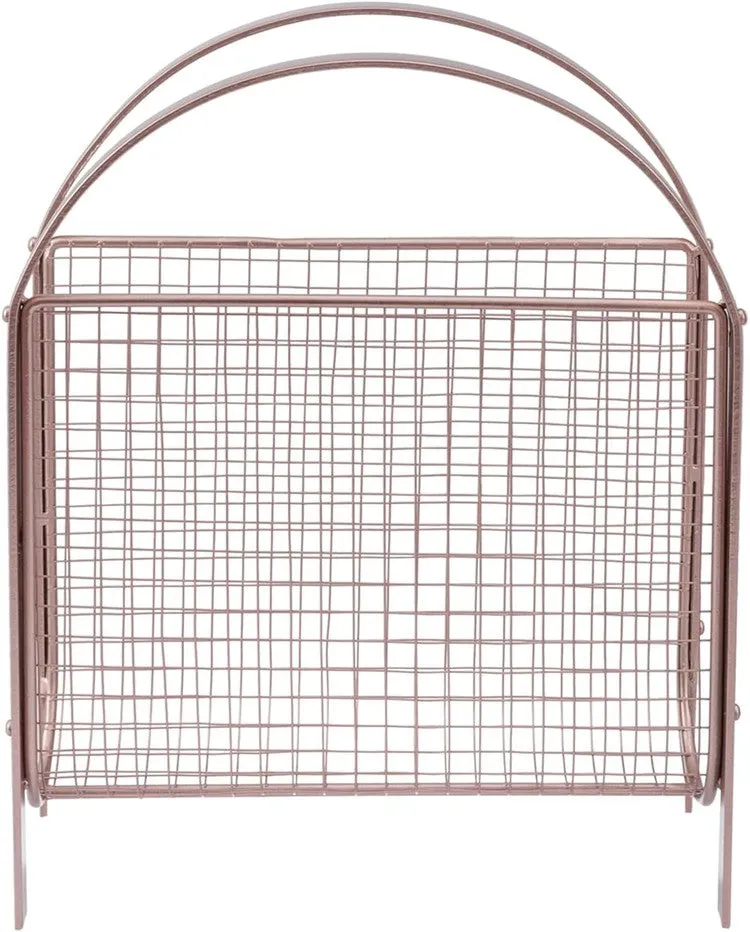 Freestanding Rose Gold Tone Metal Wire Mesh Magazine Rack, Magazine and Newspaper Basket Holder