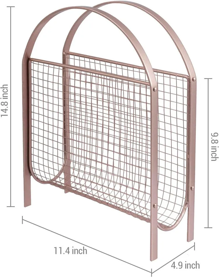 Freestanding Rose Gold Tone Metal Wire Mesh Magazine Rack, Magazine and Newspaper Basket Holder