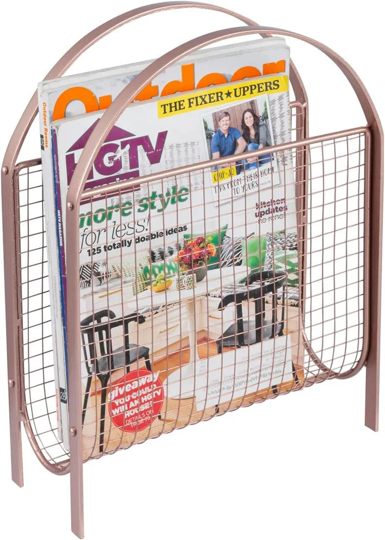 Freestanding Rose Gold Tone Metal Wire Mesh Magazine Rack, Magazine and Newspaper Basket Holder