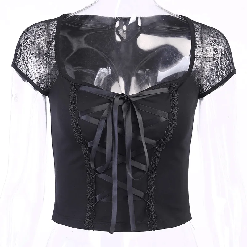 Gothic Rock Short Sleeve Corset Top with Lace and Ribbon Details: A Must-Have for Goth Fashionistas