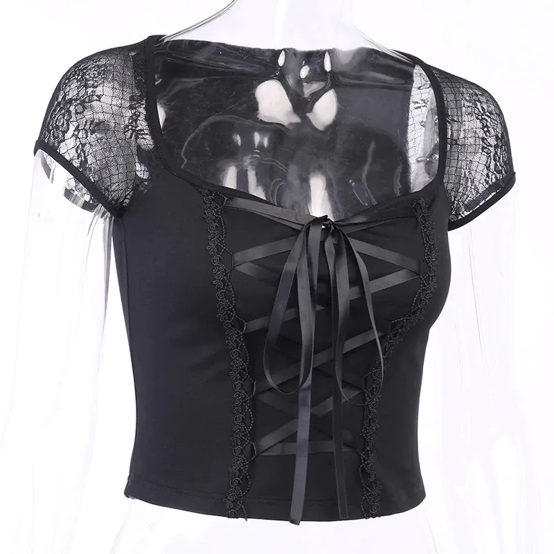 Gothic Rock Short Sleeve Corset Top with Lace and Ribbon Details: A Must-Have for Goth Fashionistas