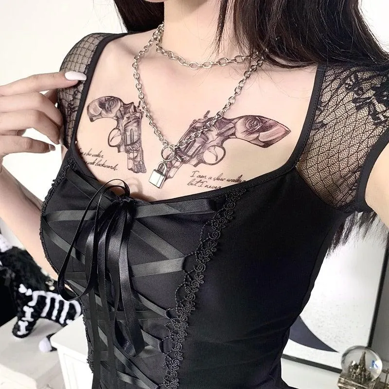 Gothic Rock Short Sleeve Corset Top with Lace and Ribbon Details: A Must-Have for Goth Fashionistas