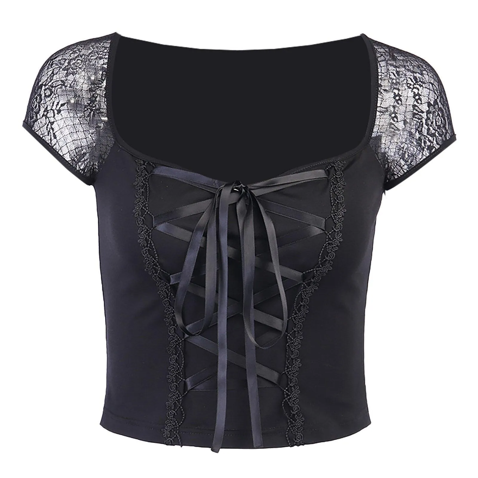 Gothic Rock Short Sleeve Corset Top with Lace and Ribbon Details: A Must-Have for Goth Fashionistas